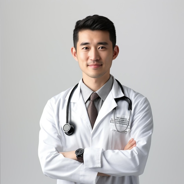 Hombre asiático inteligente en uniforme de médico con estetoscopio sobre fondo blanco