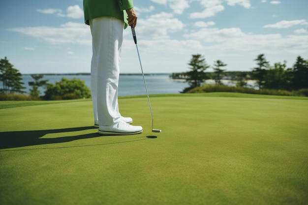 Hombre asiático irreconocible poniéndose verde en el campo de golf