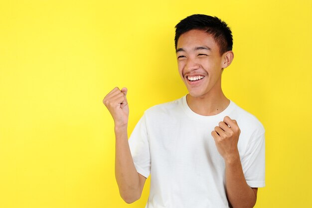 Hombre asiático joven feliz y emocionado expresando gesto ganador. Exitoso y celebrando sobre fondo amarillo