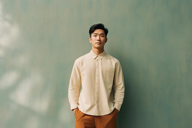 Hombre asiático joven en ropa casual de pie contra la pared azul