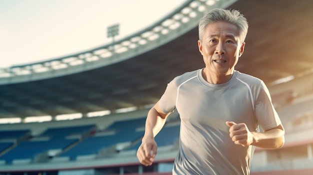 Hombre asiático jubilado corriendo. Ilustración generada por IA.