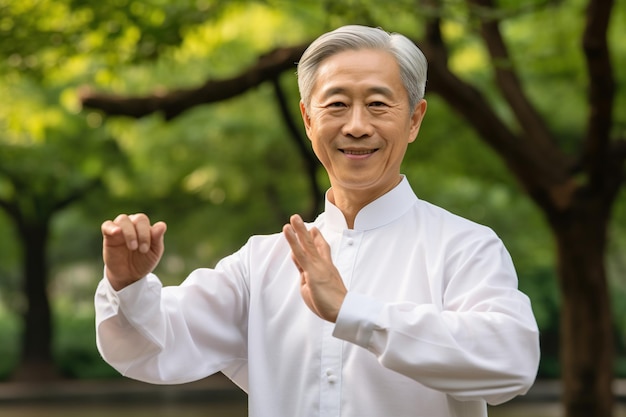 Foto hombre asiático jubilado haciendo tai chi en el parque generado por ia