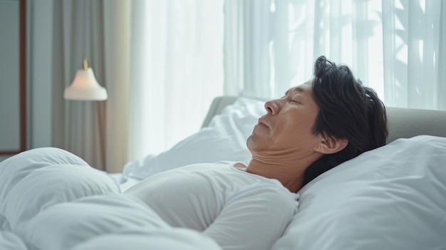 Hombre asiático maduro durmiendo pacíficamente en una cómoda almohada en un tranquilo dormitorio de tema blanco