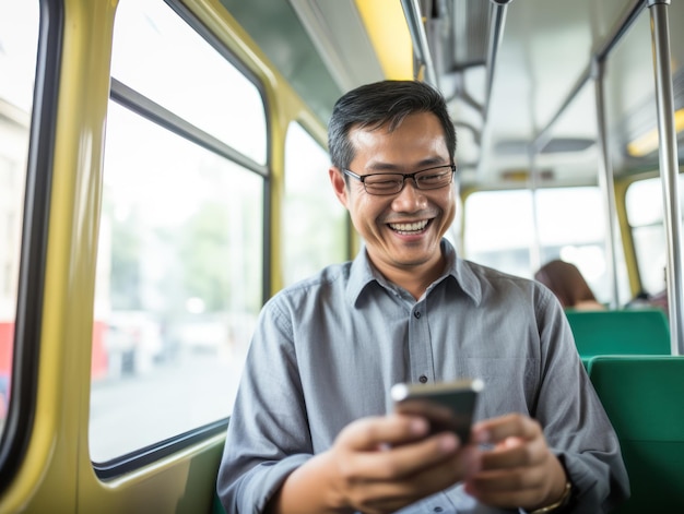 Hombre asiático maduro con gafas sonriendo usando su teléfono inteligente en el autobús