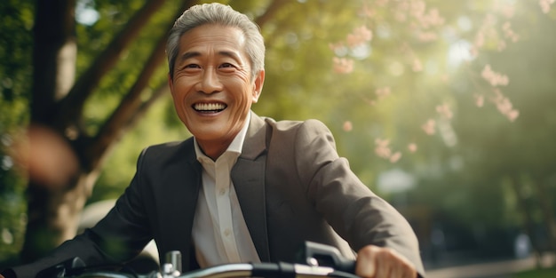Hombre asiático mayor con una gran sonrisa en bicicleta con confianza a través de las concurridas calles de la ciudad AI generativa