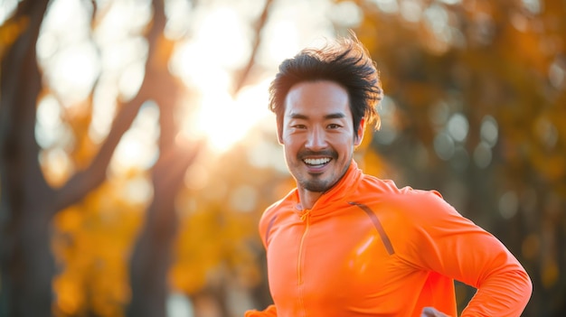 Hombre asiático de mediana edad activo y alegre en naranja brillante deportivo sonriendo a la cámara con una sonrisa dentada