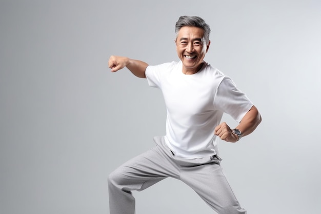 Hombre asiático de mediana edad con ropa deportiva haciendo algunos movimientos de baile divertidos