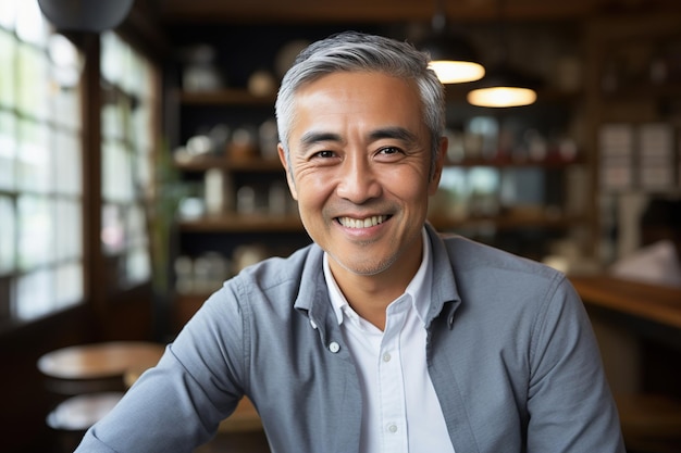 Hombre asiático de mediana edad sonriendo mirando la cámara primer plano retrato interior