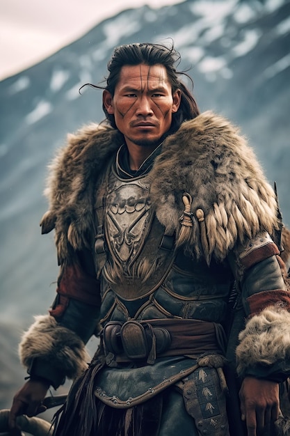 Hombre asiático medieval armado guerrero kazajo con armadura histórica tradicional en las montañas de asia IA generativa