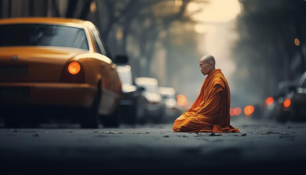 Foto hombre asiático meditando cerca de los coches en la calle