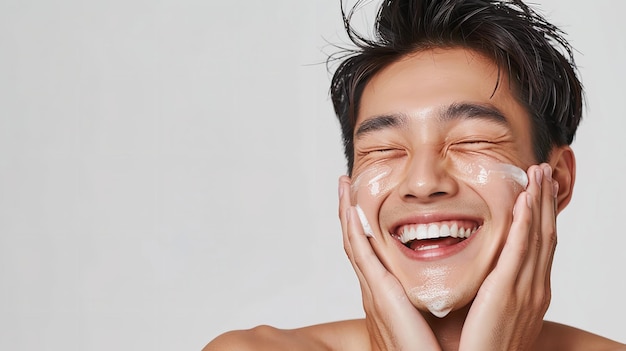 Hombre asiático con las mejillas cubiertas de crema sonriendo mientras cubre los ojos durante el cuidado de la piel