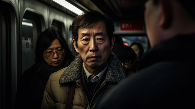 Un hombre asiático en un metro.