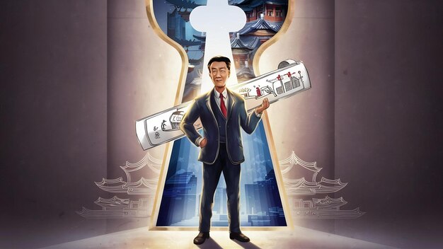 Hombre asiático de pie frente al agujero de la llave con el concepto de negocio de dibujo