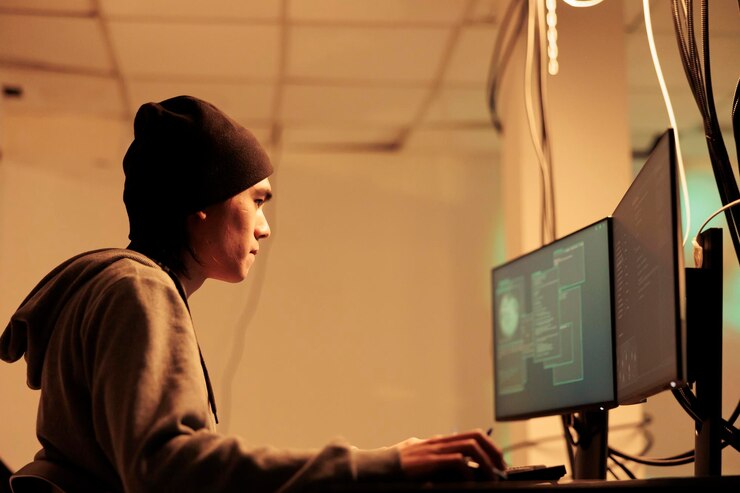 Foto hombre asiático que usa computadoras para piratear información de bases de datos, descifrando contraseñas en línea para robar datos. robo masculino que usa software espía y virus troyanos para ingresar al servidor de red a altas horas de la noche.