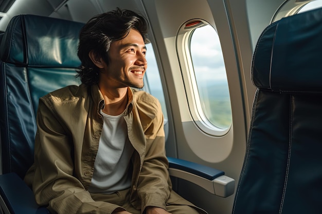 Hombre asiático sentado en un asiento en un avión y mirando por la ventana