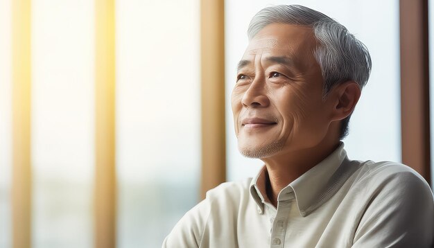 hombre asiático sentado y sonriendo