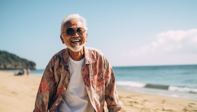 hombre asiático sentado y sonriendo