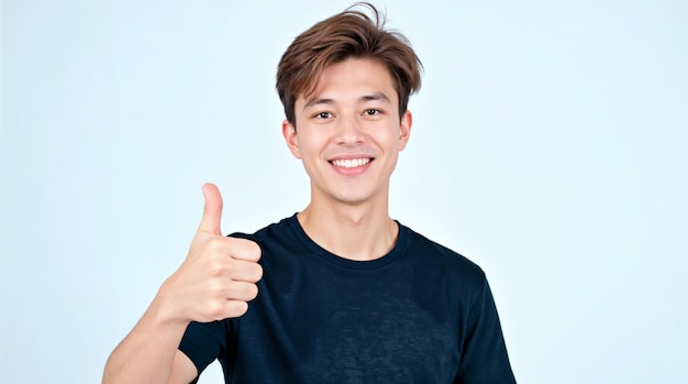 Un hombre asiático sonriente levantando el pulgar