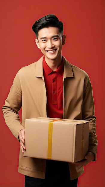 Hombre asiático sosteniendo una caja