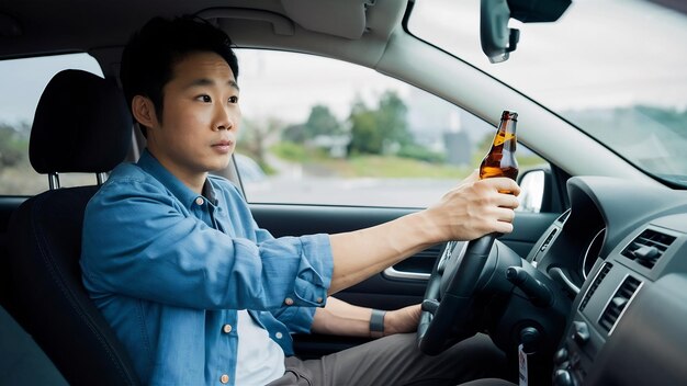 Foto hombre asiático sostiene una botella de cerveza mientras conduce un coche