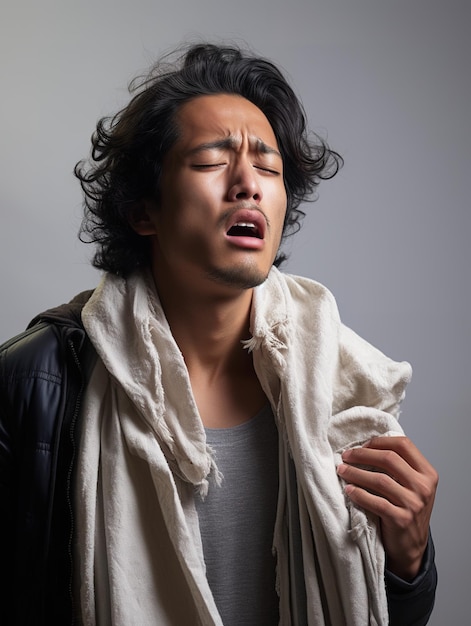 Foto hombre asiático con toalla sosteniendo tejido y estornudando cara enferma concepto de hombre enfermo