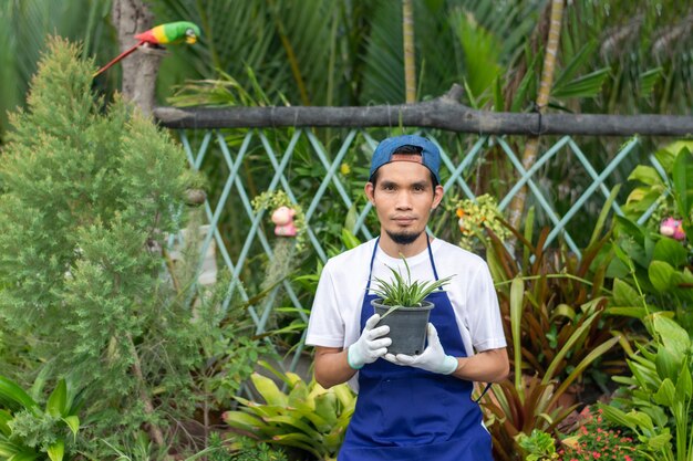 Hombre asiático trabaja en la tienda de jardinería de plantas