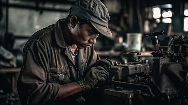 Un hombre asiático trabajando en una pieza de metal IA generativa