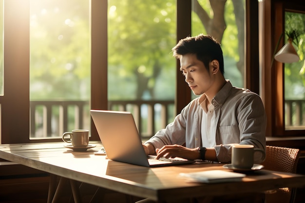 Hombre asiático trabajando con su computadora portátil en Cafe Businessman trabajando en el espacio de trabajo IA generativa