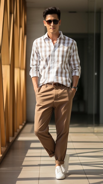 Hombre asiático vestido con una camisa de manga larga a cuadros blanca y marrón y pantalones marrones