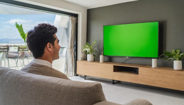 Hombre asiático viendo la televisión en la sala de estar en casa con pantalla verde