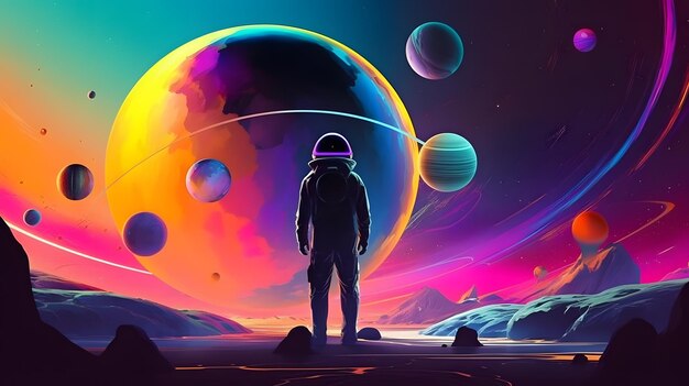 Hombre asombrado por el espacio surrealista lleno de planetas sobre un colorido fondo de arte digital de Petros Afshar