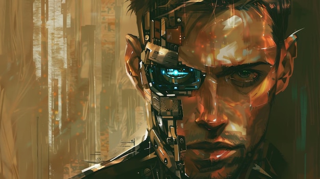 un hombre con un aspecto futurista y los ojos de un robot