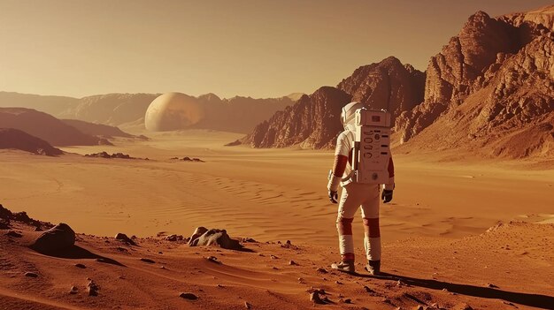 El hombre astronauta camina en el desierto con las montañas en Marte Viaje al planeta rojo