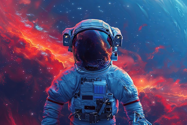 El hombre astronauta en un traje espacial está de pie frente a un fondo colorido La imagen tiene un estado de ánimo futurista y aventurero