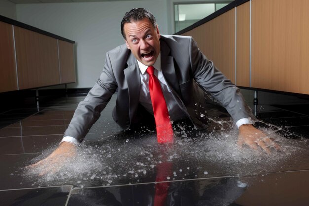 Foto hombre asustado se resbaló en el suelo resbaladizo hombre de negocios cayó en el piso mojado de la oficina generar ai