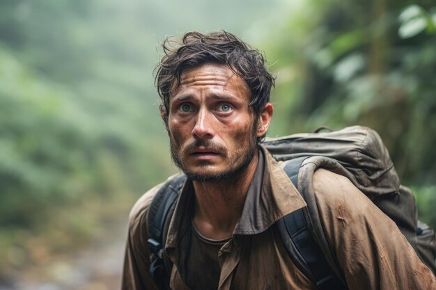 Hombre asustado en la selva tropical