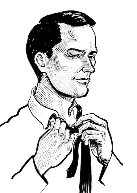 Un hombre atando su corbata en un estilo de boceto.