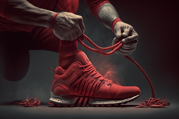 Un hombre atando un zapato rojo con la palabra Nike en él