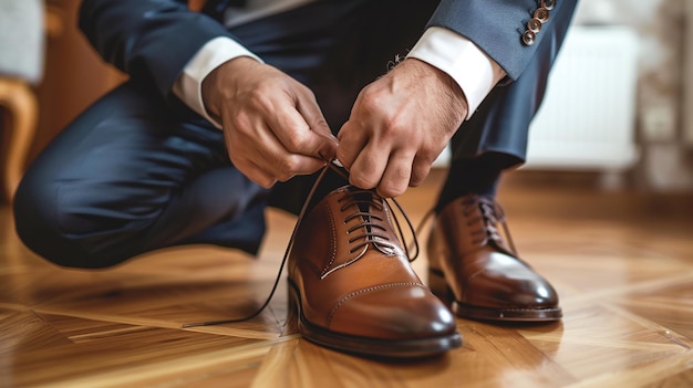 Foto un hombre atando un zapato en el suelo