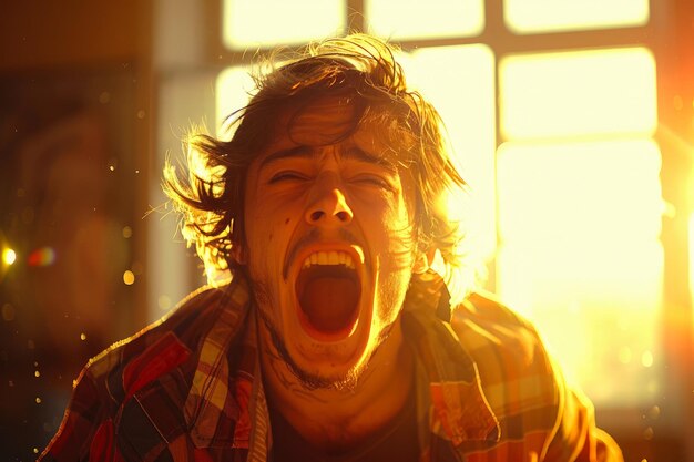 Foto hombre aterrado gritando en una toma macro