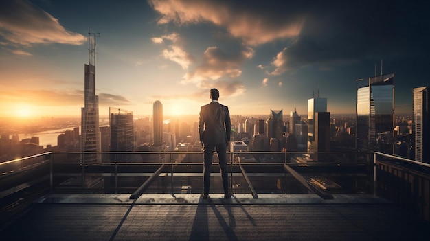 el hombre se para en el ático viendo la puesta de sol en el cielo nocturno en la ciudad romántica