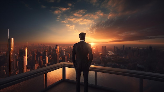 el hombre se para en el ático viendo la puesta de sol en el cielo nocturno en la ciudad romántica