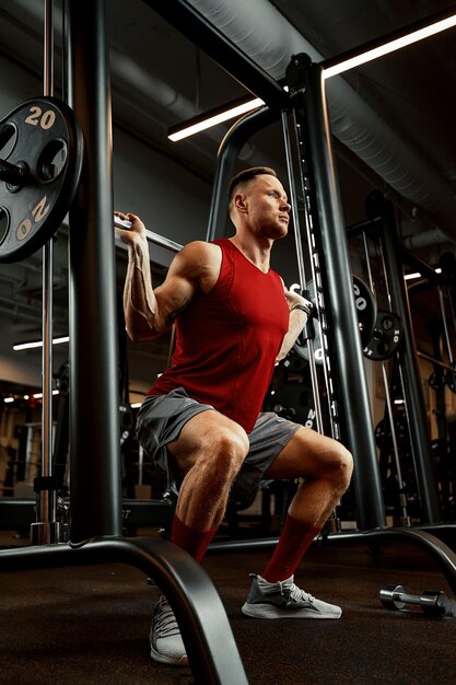 Foto hombre un atleta está involucrado en un gimnasio haciendo un ejercicio en los músculos de los brazos bíceps negro