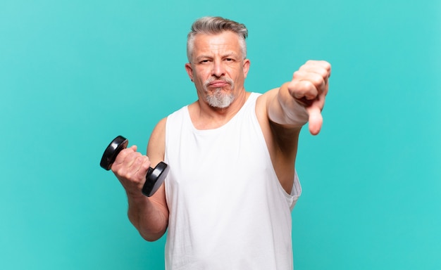 Hombre atleta senior que se siente enfadado, enojado, molesto, decepcionado o disgustado, mostrando los pulgares hacia abajo con una mirada seria