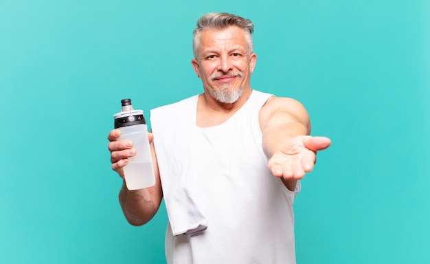 Hombre atleta senior sonriendo felizmente con mirada amable, confiada y positiva, ofreciendo y mostrando un objeto o concepto