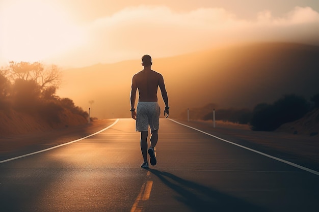 Hombre atlético caminando por un camino hacia la puesta de sol generado por la IA
