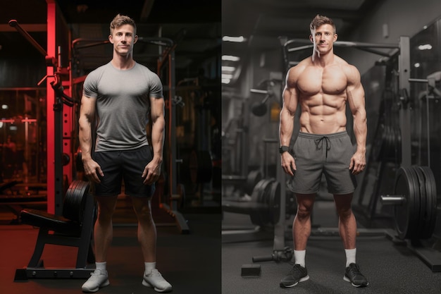 Hombre atlético caucásico que muestra una notable transformación antes y después del gimnasio