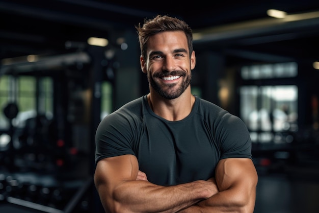 Hombre atlético guapo sonriendo y mirando a la cámara entrenador de fitness en el atleta de gimnasio