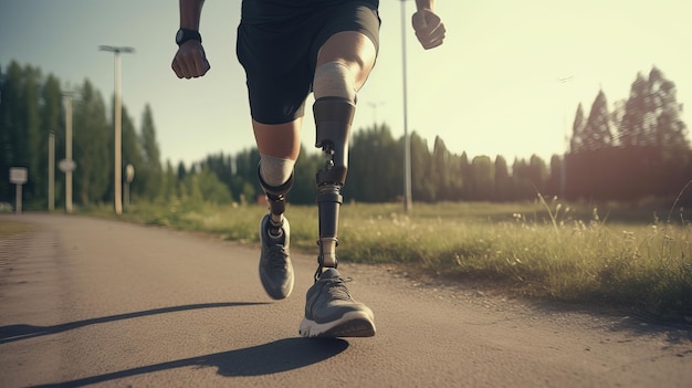 Hombre atlético con pierna protésica corre al aire libre Ejercicio y concepto deportivo