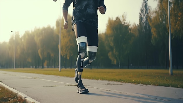 Hombre atlético con pierna protésica corre al aire libre Ejercicio y concepto deportivo